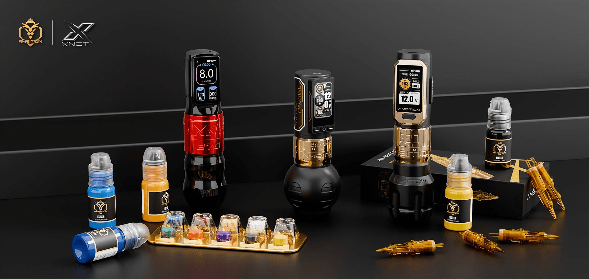 Ambition and XNET logos above three tattoo machines, coloured ink bottles, ink cups and cartridges on a dark display.